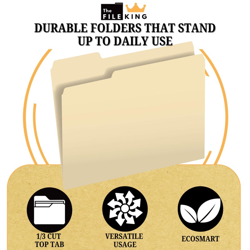 The File King 1/3 Cut File Folders Letter Size - 100 Pack | Manilla Folders 8.5 x 11 | Assorted 3 Tabs | Heavy Duty 11-Point Fiber | Made in USA | Undercut Front for Easy Labeling & Organization - Image 2